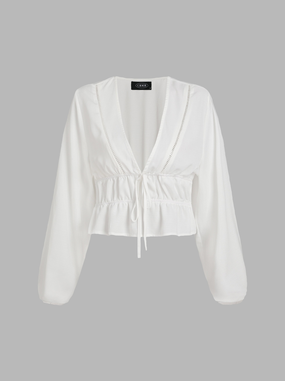 White Drawstring Cider V-Neck Peplum Top, Size S